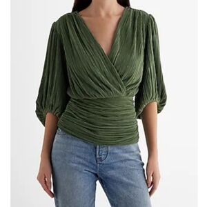 Pleated Draped V-Neck Puff Sleeve Faux Wrap Top, Cactus Green, Size Womens XS